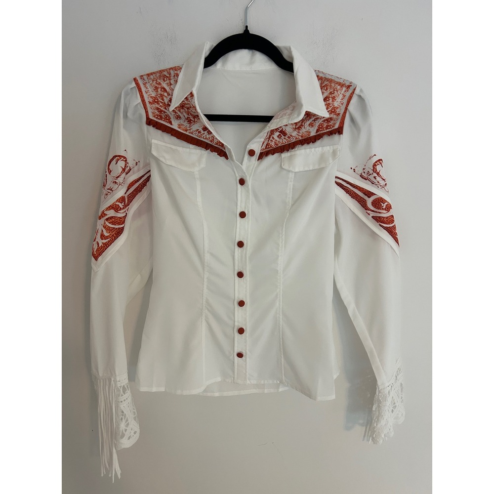 Womens Western Fringe Lace Cuff‎ Blouse White Rust Orange Graphic Button Down S